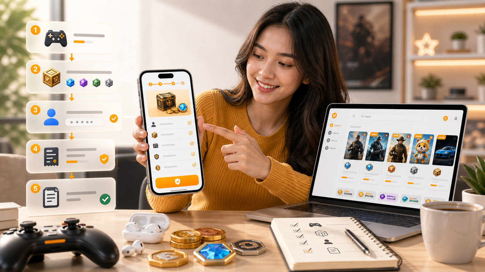 Beginner reviewing the HaiTopUp game top up flow from game selection to receipt